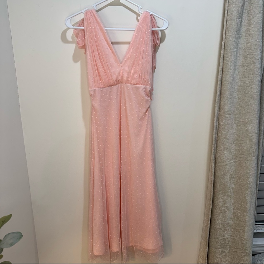 Blush Pink Swiss‎ Dot Tulle Tie Shoulder Maxi Dress Bows